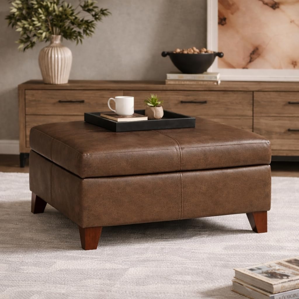 image:imageHomePop Luxury Large Storage Ottoman Blue Woven FabricBrown Faux Leather