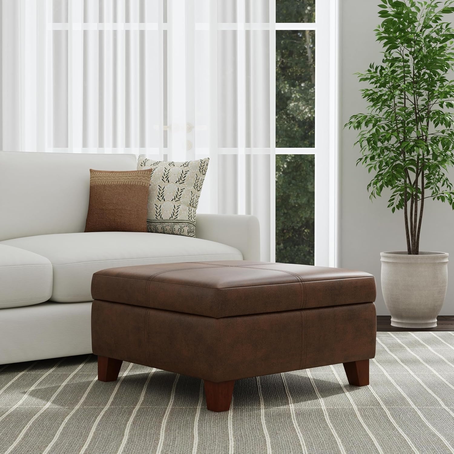 image:imageHomePop Luxury Large Storage Ottoman Blue Woven FabricBrown Faux Leather