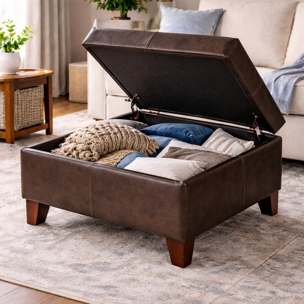 image:imageHomePop Luxury Large Storage Ottoman Blue Woven FabricBrown Faux Leather