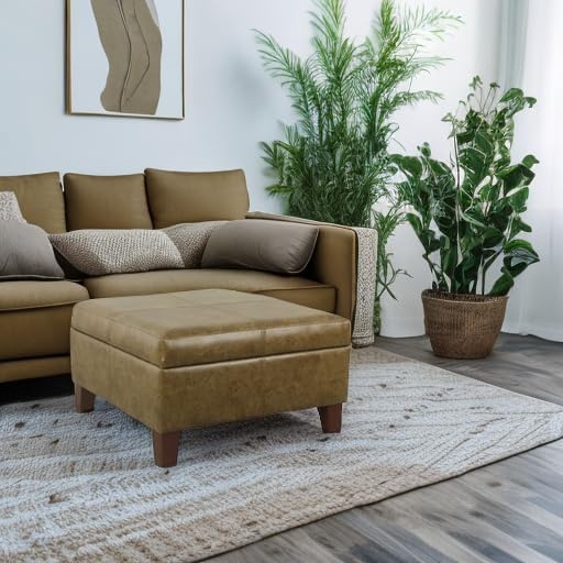 image:imageHomePop Luxury Large Storage Ottoman Blue Woven FabricDistressed Brown Faux Leather