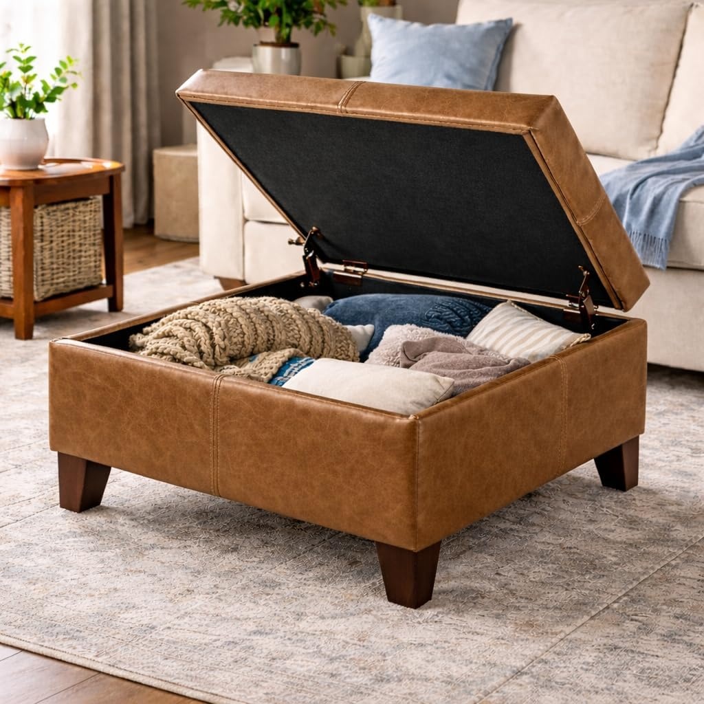 image:imageHomePop Luxury Large Storage Ottoman Blue Woven FabricDistressed Brown Faux Leather