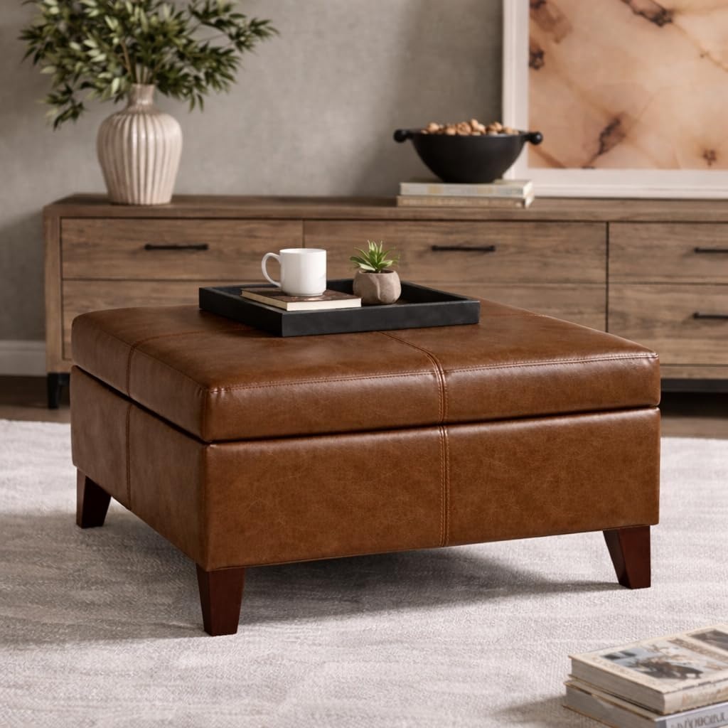 image:imageHomePop Luxury Large Storage Ottoman Blue Woven FabricDistressed Brown Faux Leather