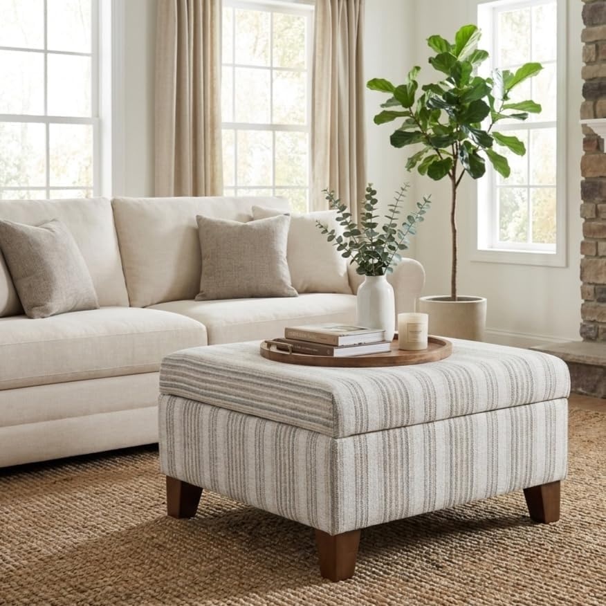 image:imageHomePop Luxury Large Storage Ottoman Blue Woven FabricGray Striped Pattern