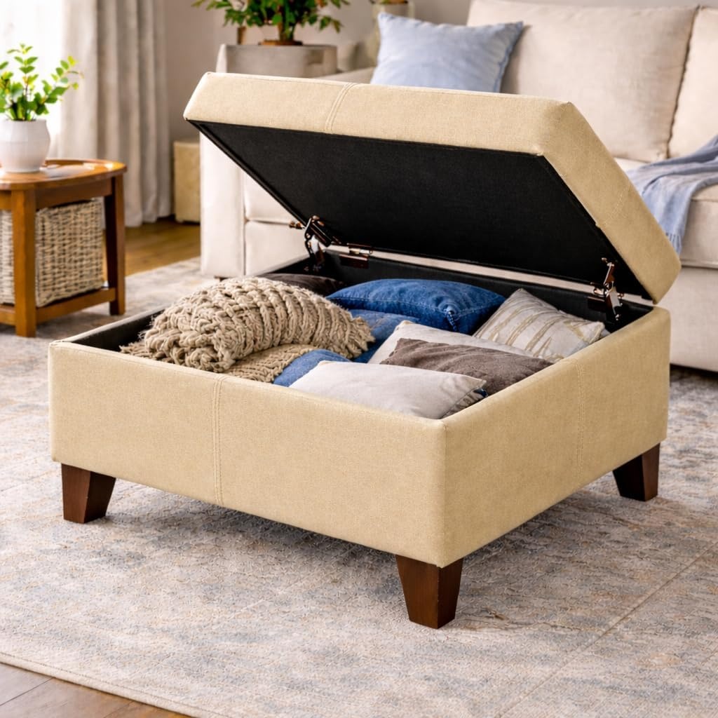 image:imageHomePop Luxury Large Storage Ottoman Blue Woven FabricTan