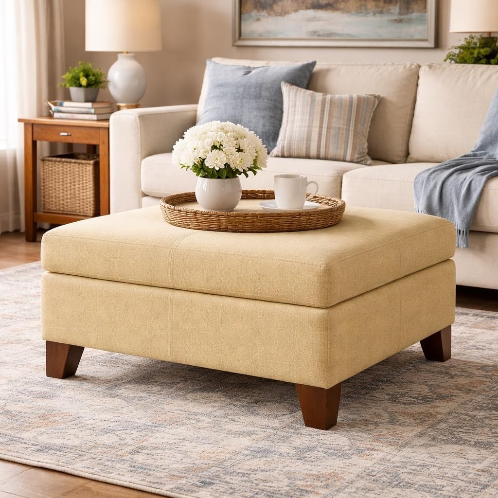 image:imageHomePop Luxury Large Storage Ottoman Blue Woven FabricTan