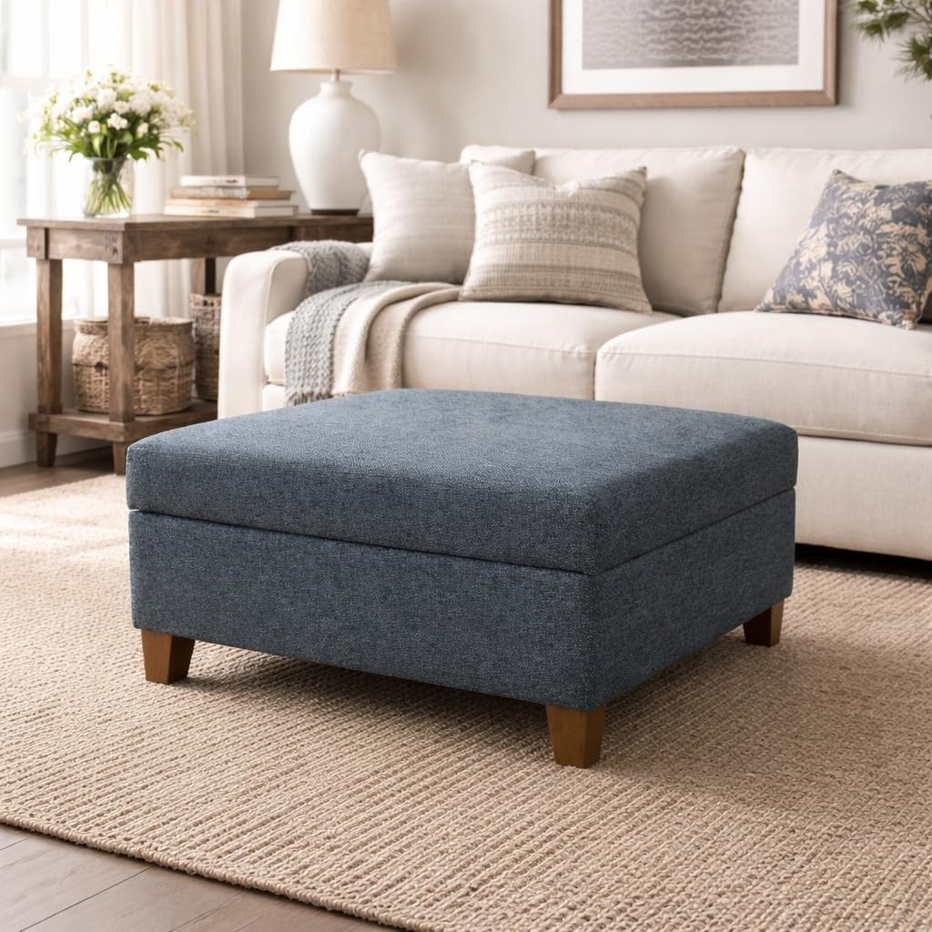 image:imageHomePop Luxury Large Storage Ottoman Blue Woven FabricTextured Navy