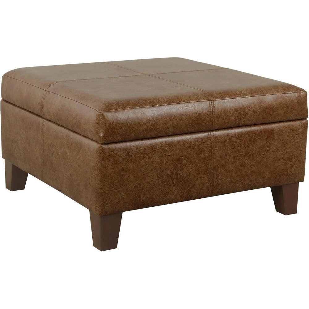 image:imageHomePop Luxury Large Storage Ottoman  Blue Woven FabricDistressed Brown Faux Leather