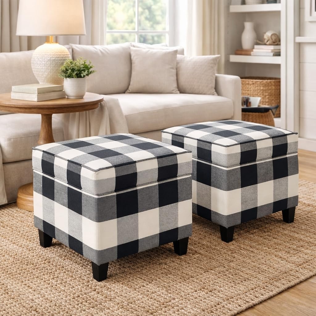 image:imageHomePop 18 Square Tufted Storage Ottoman Cream Textural WovenBlack