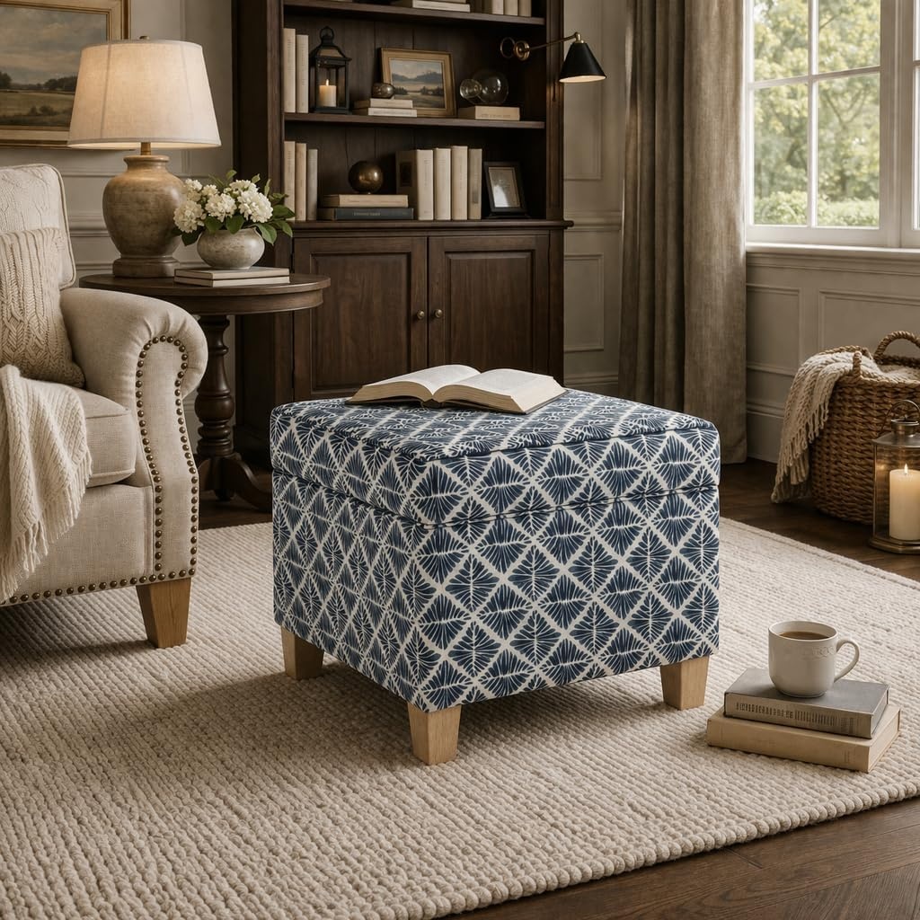 image:imageHomePop 18 Square Tufted Storage Ottoman Cream Textural WovenBlue Geometric Pattern