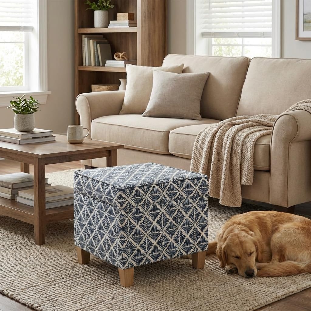 image:imageHomePop 18 Square Tufted Storage Ottoman Cream Textural WovenBlue Geometric Pattern