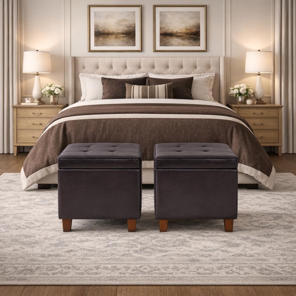 image:imageHomePop 18 Square Tufted Storage Ottoman Cream Textural WovenBrown