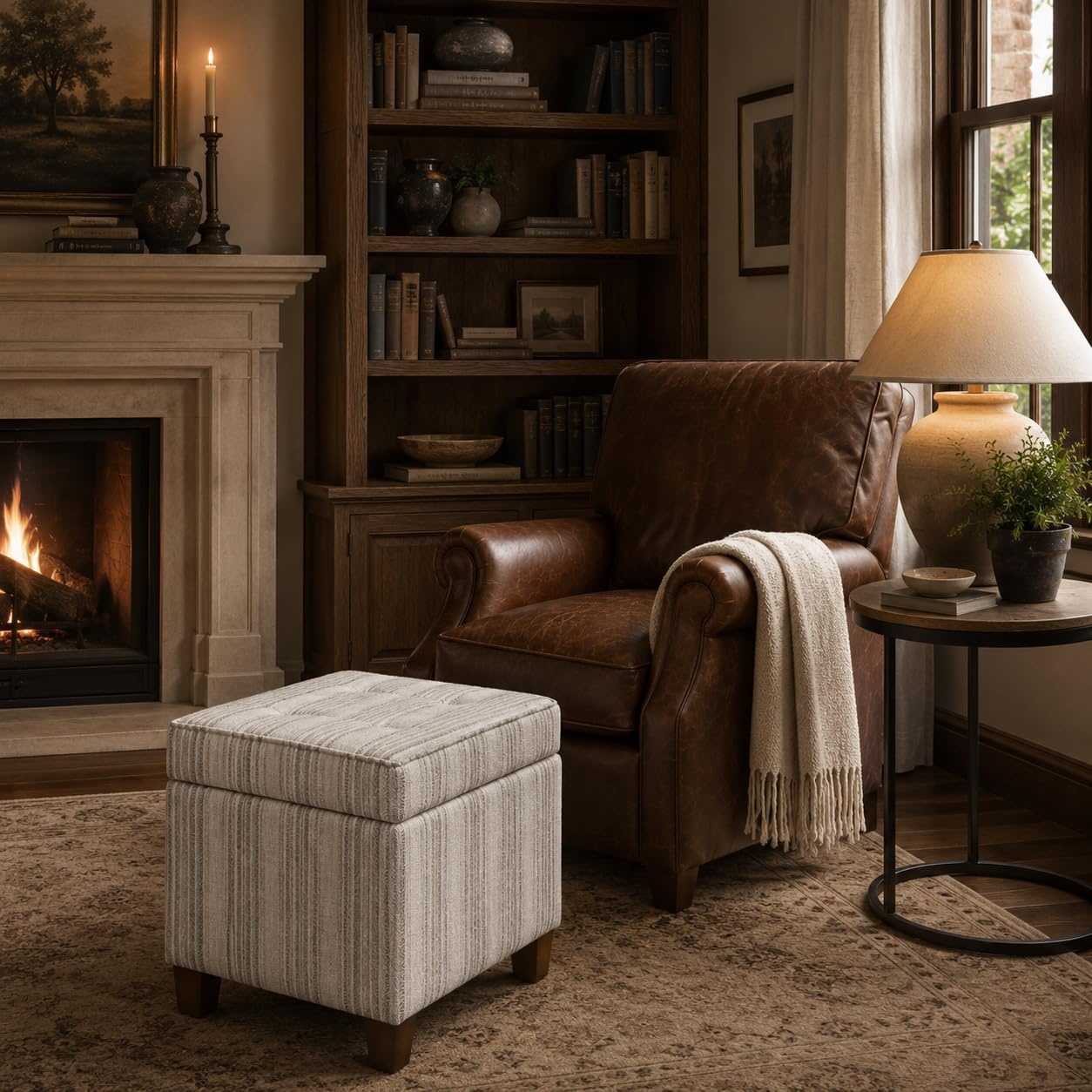 image:imageHomePop 18 Square Tufted Storage Ottoman Cream Textural WovenGray Striped Pattern