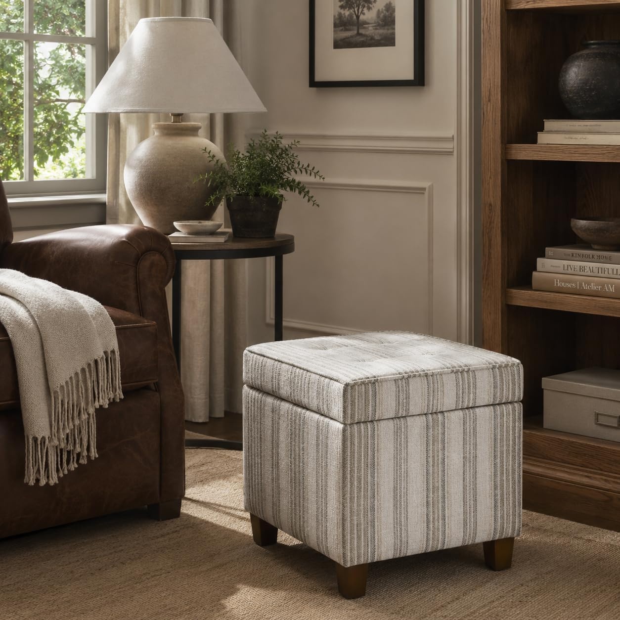 image:imageHomePop 18 Square Tufted Storage Ottoman Cream Textural WovenGray Striped Pattern