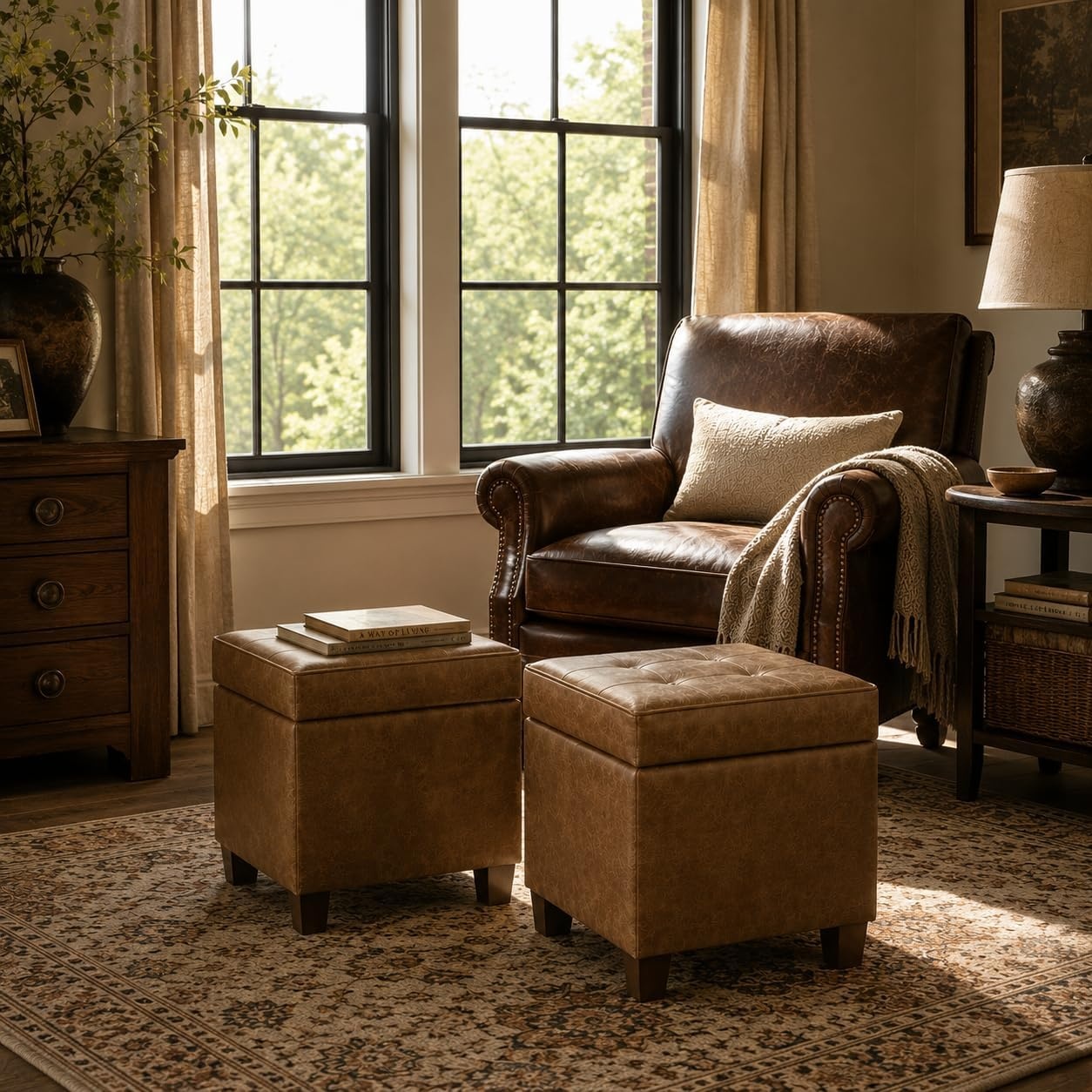 image:imageHomePop 18 Square Tufted Storage Ottoman Cream Textural WovenLight Brown