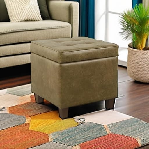 image:imageHomePop 18 Square Tufted Storage Ottoman Cream Textural WovenLight Brown