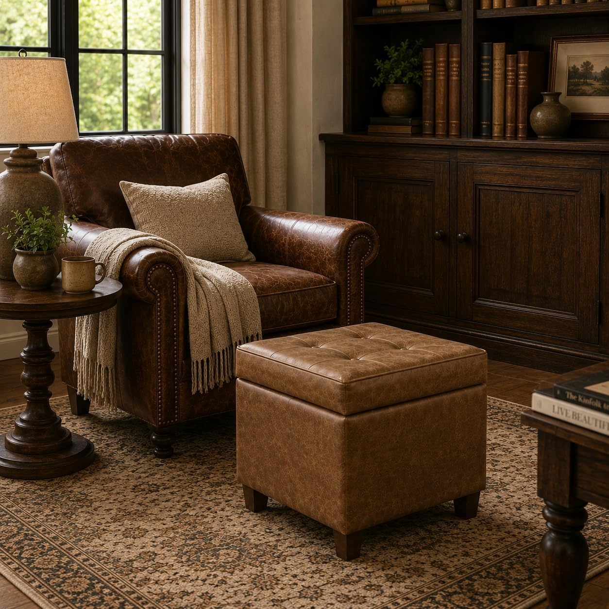 image:imageHomePop 18 Square Tufted Storage Ottoman Cream Textural WovenLight Brown