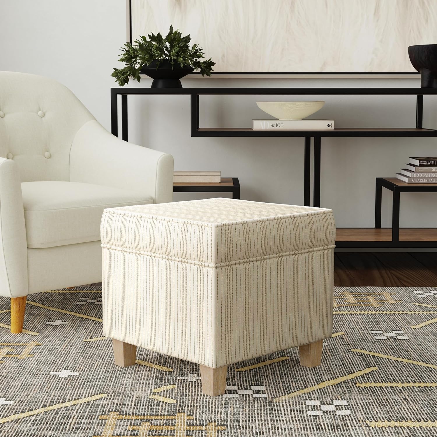 image:imageHomePop 18 Square Tufted Storage Ottoman Cream Textural WovenMarigold Pinstripe Cream Fabric