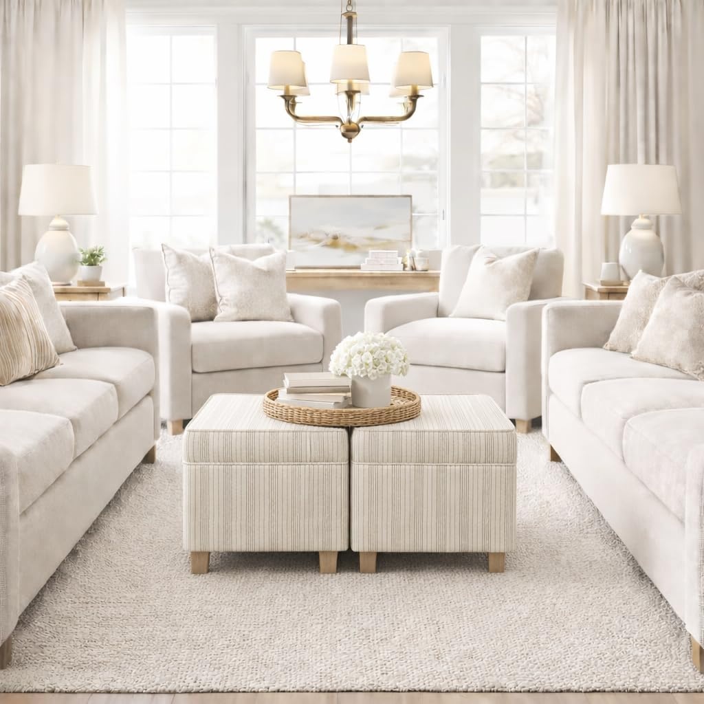 image:imageHomePop 18 Square Tufted Storage Ottoman Cream Textural WovenMarigold Pinstripe Cream Fabric