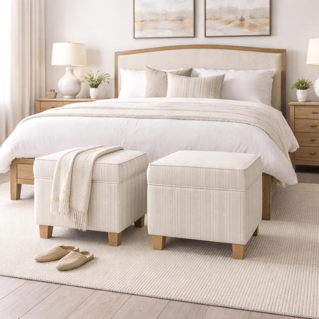 image:imageHomePop 18 Square Tufted Storage Ottoman Cream Textural WovenMarigold Pinstripe Cream Fabric