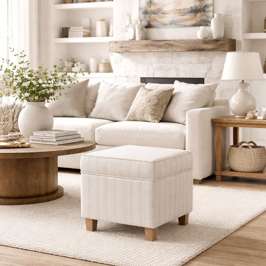 image:imageHomePop 18 Square Tufted Storage Ottoman Cream Textural WovenMarigold Pinstripe Cream Fabric