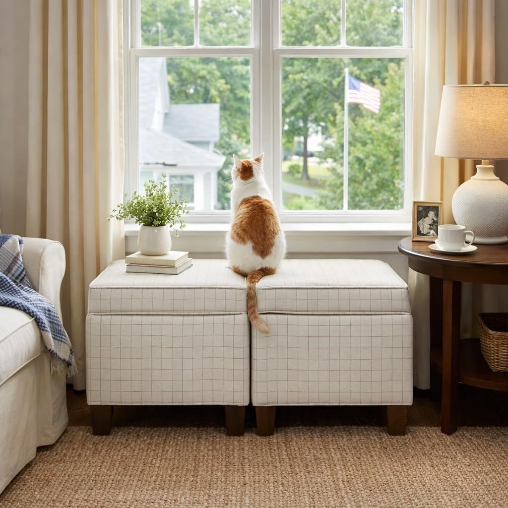image:imageHomePop 18 Square Tufted Storage Ottoman Cream Textural WovenNatural Windowpane