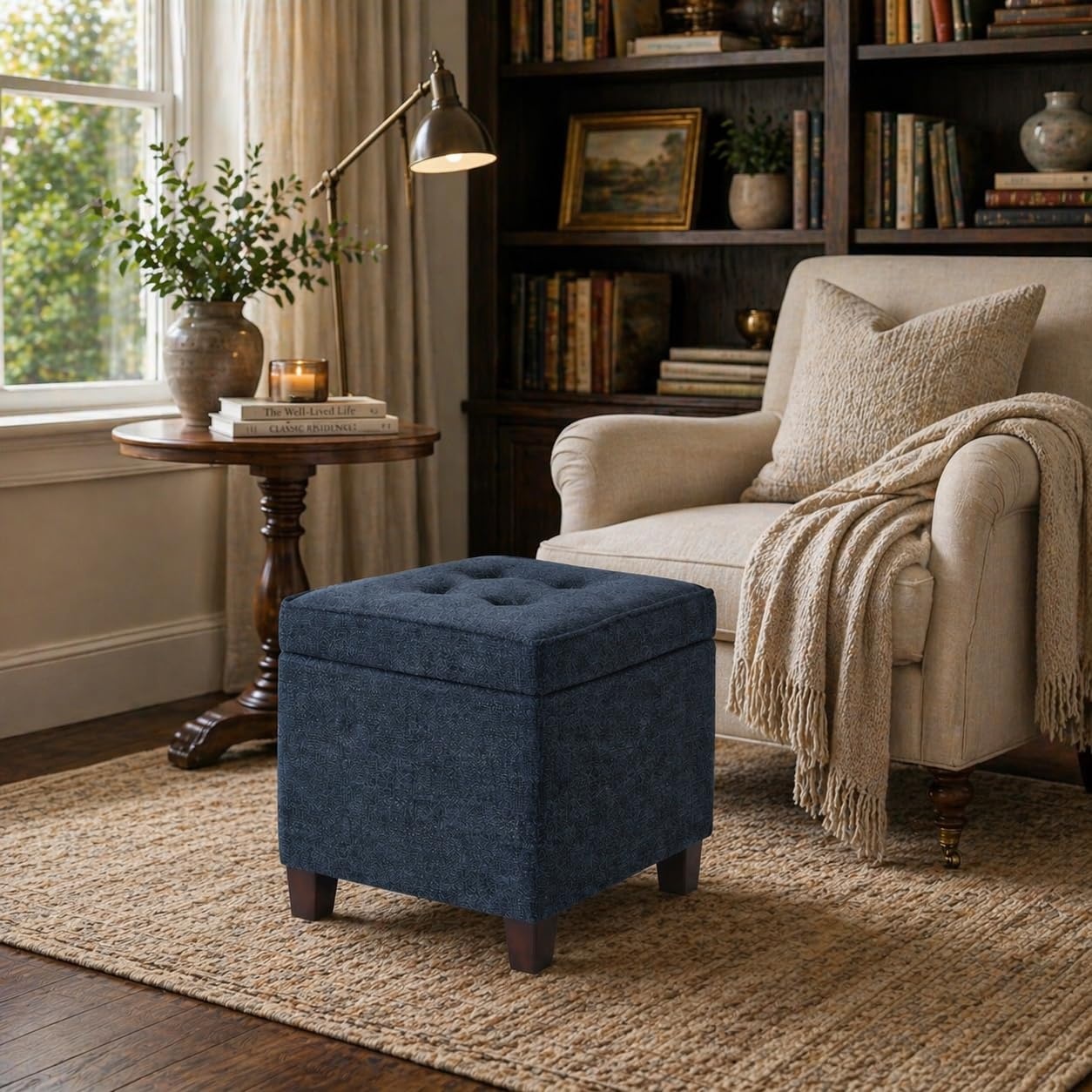image:imageHomePop 18 Square Tufted Storage Ottoman Cream Textural WovenNavy