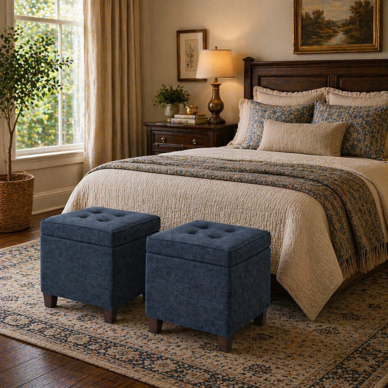 image:imageHomePop 18 Square Tufted Storage Ottoman Cream Textural WovenNavy