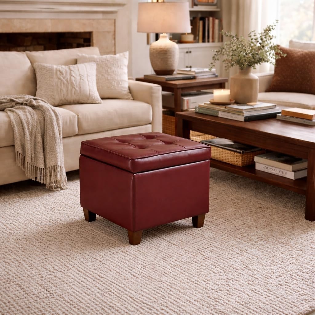 image:imageHomePop 18 Square Tufted Storage Ottoman Cream Textural WovenRed