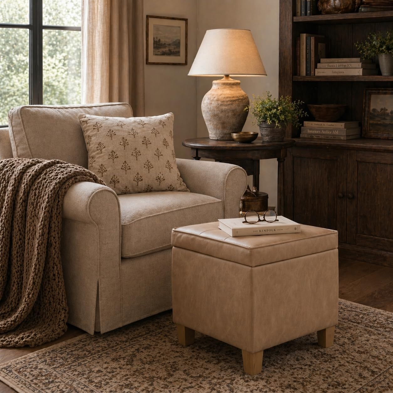 image:imageHomePop 18 Square Tufted Storage Ottoman Cream Textural WovenSand Faux Leather