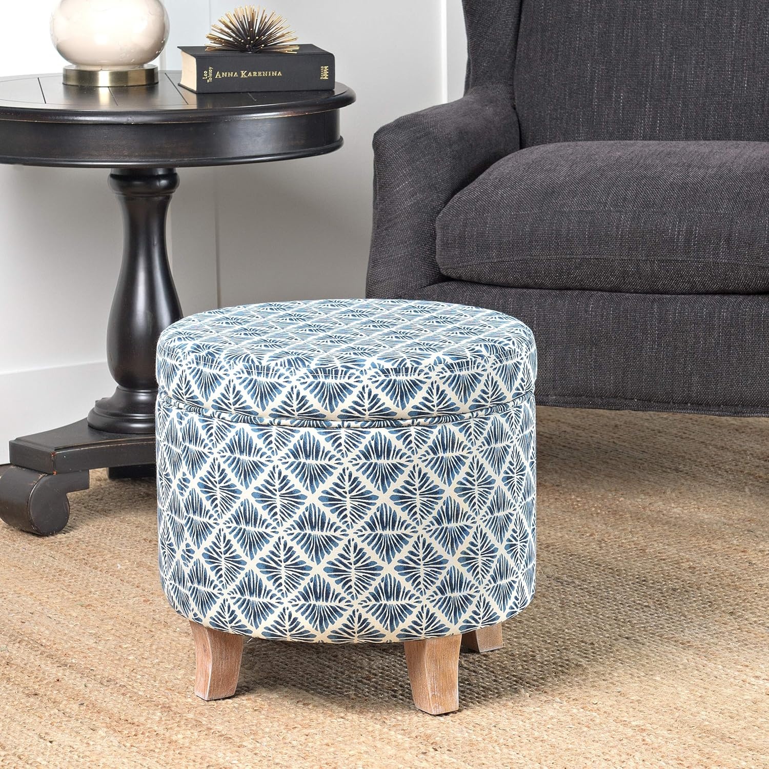 image:imageHomePop 19 Round Storage Ottoman Cream Textural WovenBlue