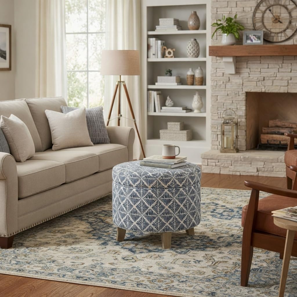 image:imageHomePop 19 Round Storage Ottoman Cream Textural WovenBlue