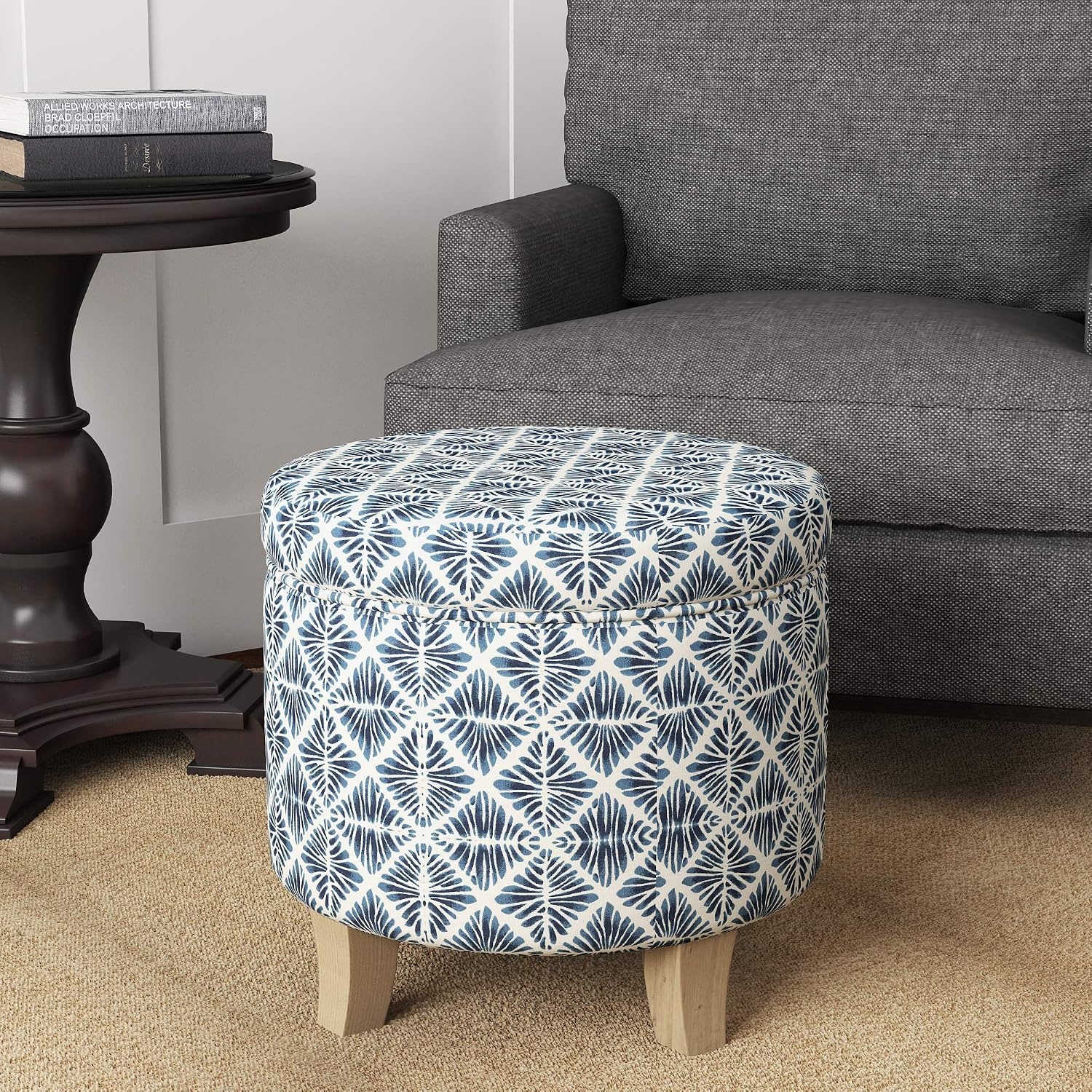 image:imageHomePop 19 Round Storage Ottoman Cream Textural WovenBlue