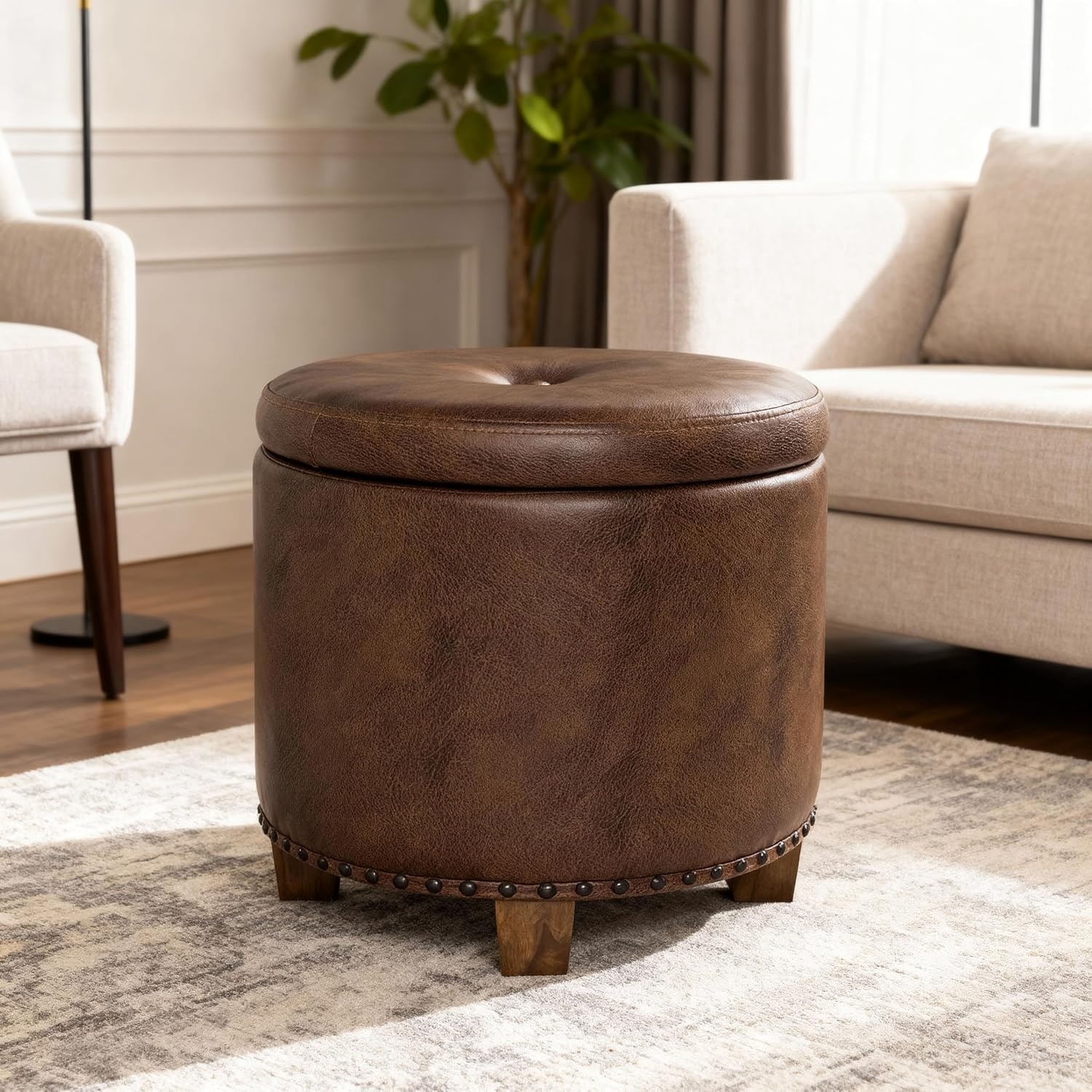 image:imageHomePop 19 Round Storage Ottoman Cream Textural WovenBrown Faux Leather