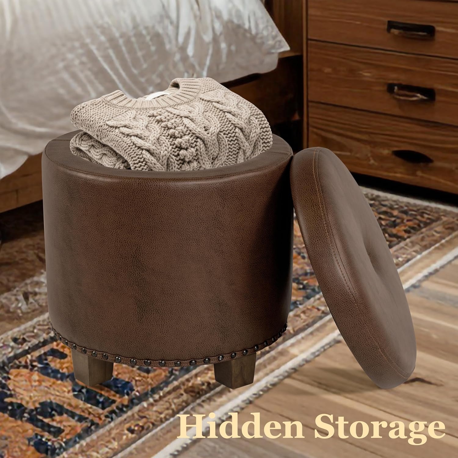 image:imageHomePop 19 Round Storage Ottoman Cream Textural WovenBrown Faux Leather