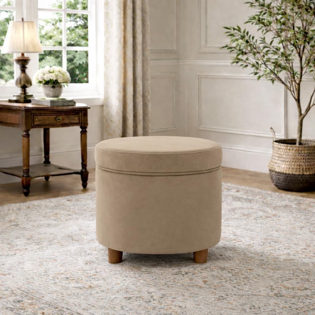 image:imageHomePop 19 Round Storage Ottoman Cream Textural WovenFawn Velvet