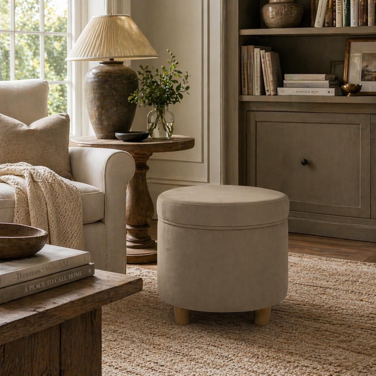 image:imageHomePop 19 Round Storage Ottoman Cream Textural WovenFawn Velvet