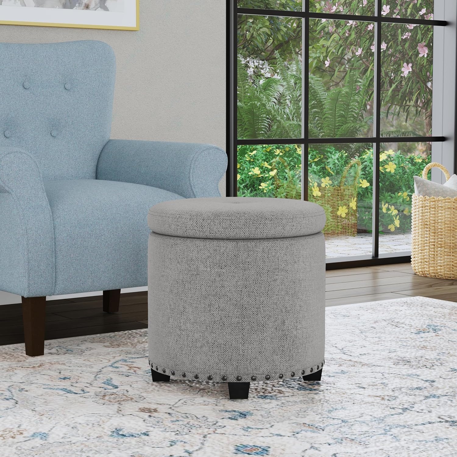 image:imageHomePop 19 Round Storage Ottoman Cream Textural WovenGrey Woven