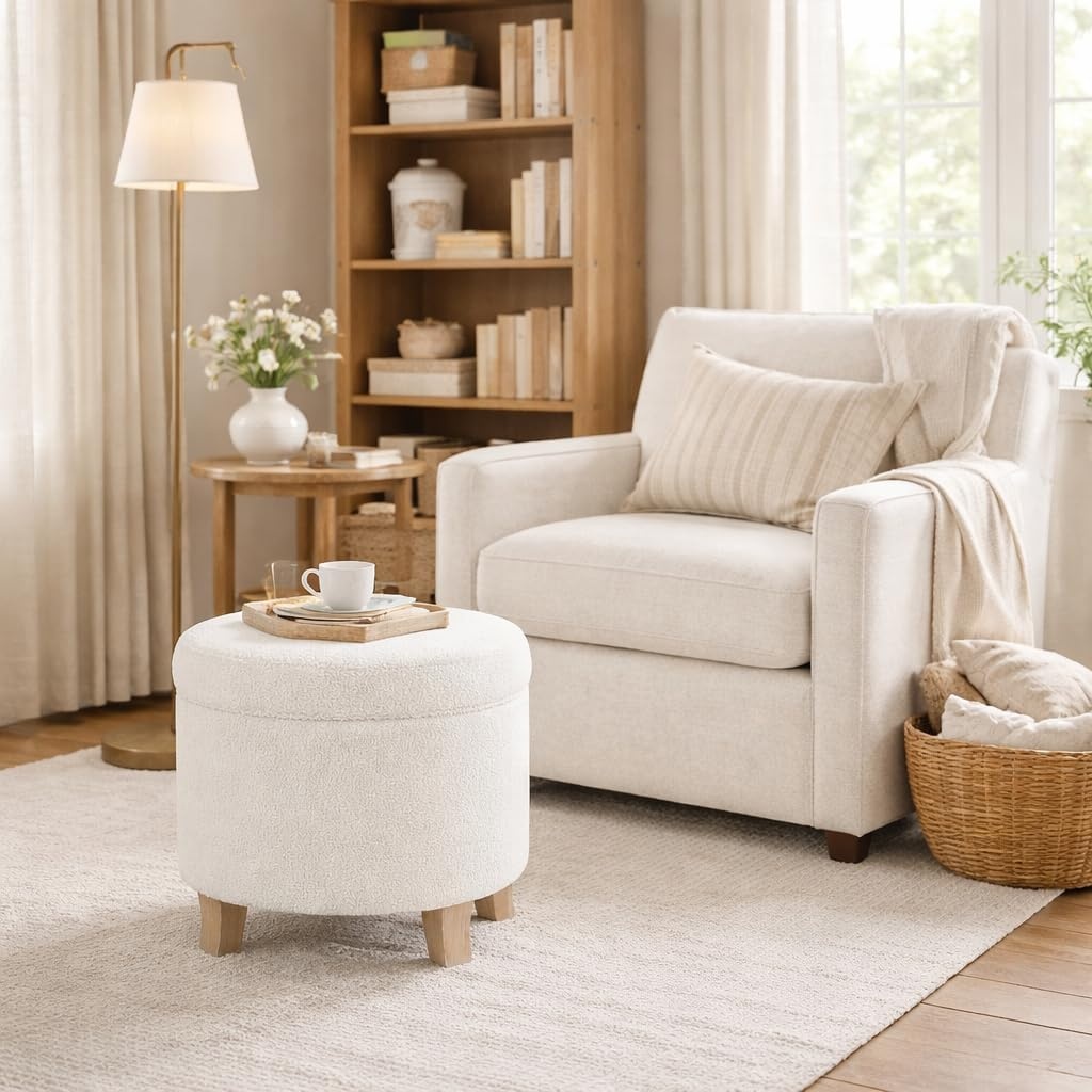 image:imageHomePop 19 Round Storage Ottoman Cream Textural WovenLight Cream