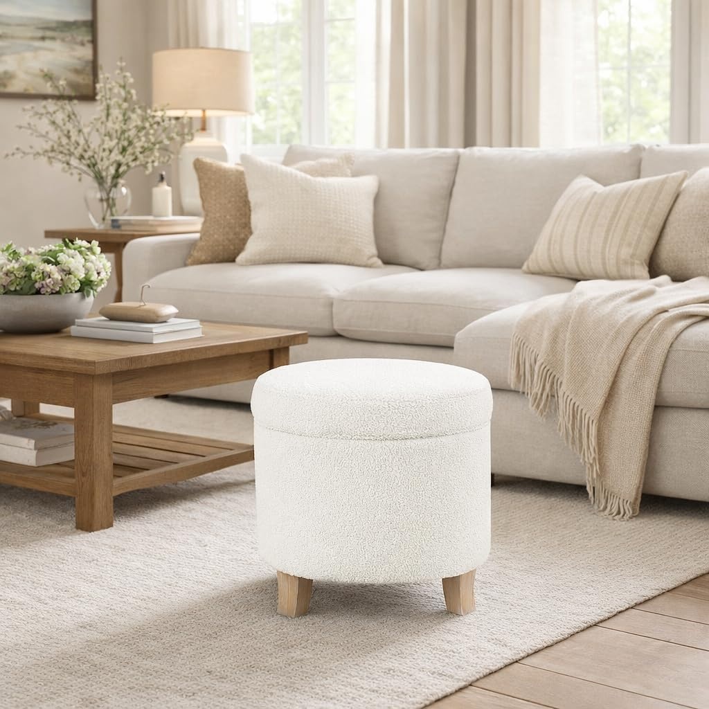 image:imageHomePop 19 Round Storage Ottoman Cream Textural WovenLight Cream