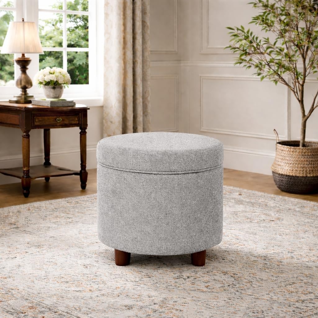 image:imageHomePop 19 Round Storage Ottoman Cream Textural WovenLight Gray