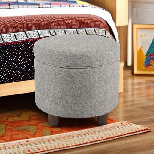 image:imageHomePop 19 Round Storage Ottoman Cream Textural WovenLight Gray