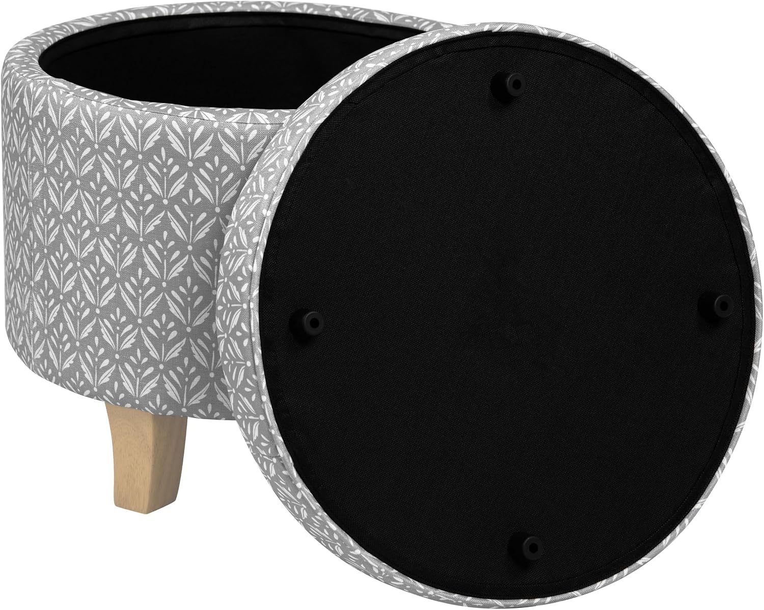 image:imageHomePop 19 Round Storage Ottoman Cream Textural WovenLight Grey Print