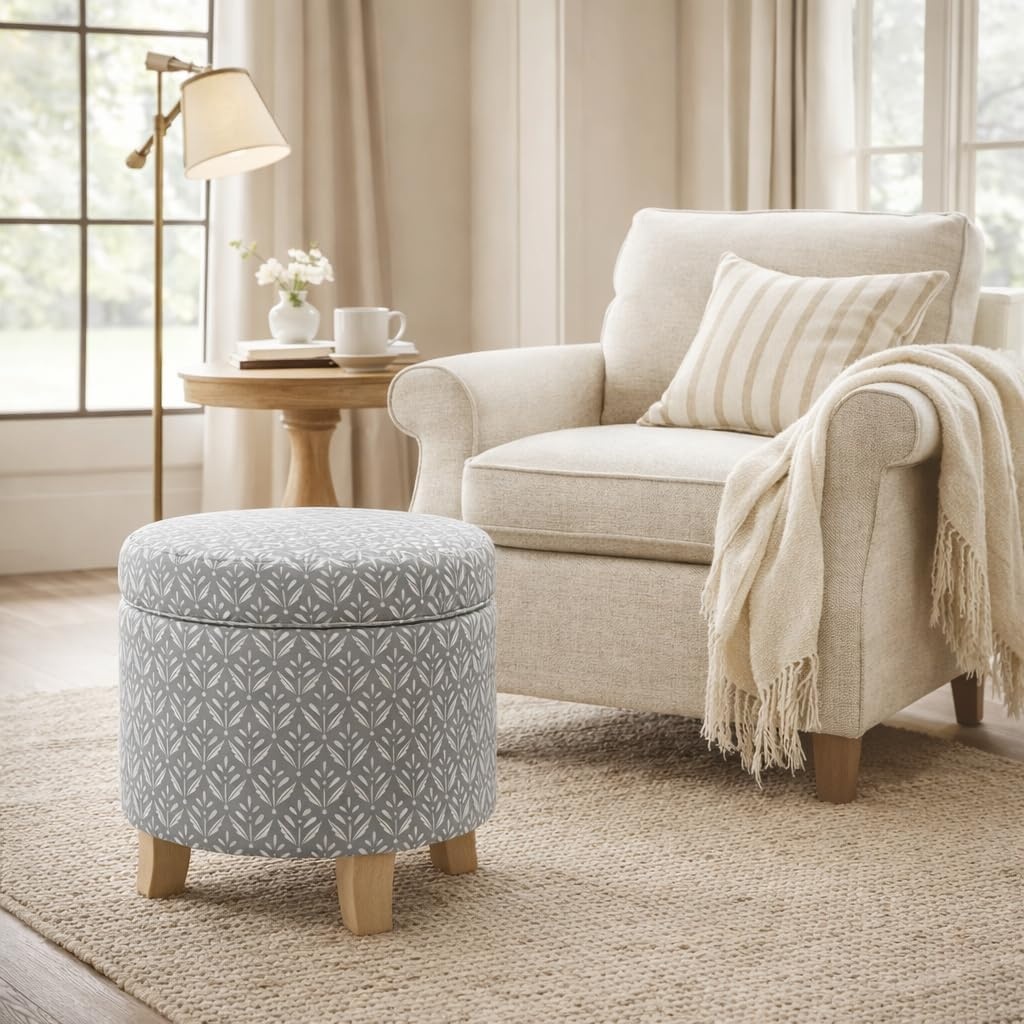 image:imageHomePop 19 Round Storage Ottoman Cream Textural WovenLight Grey Print
