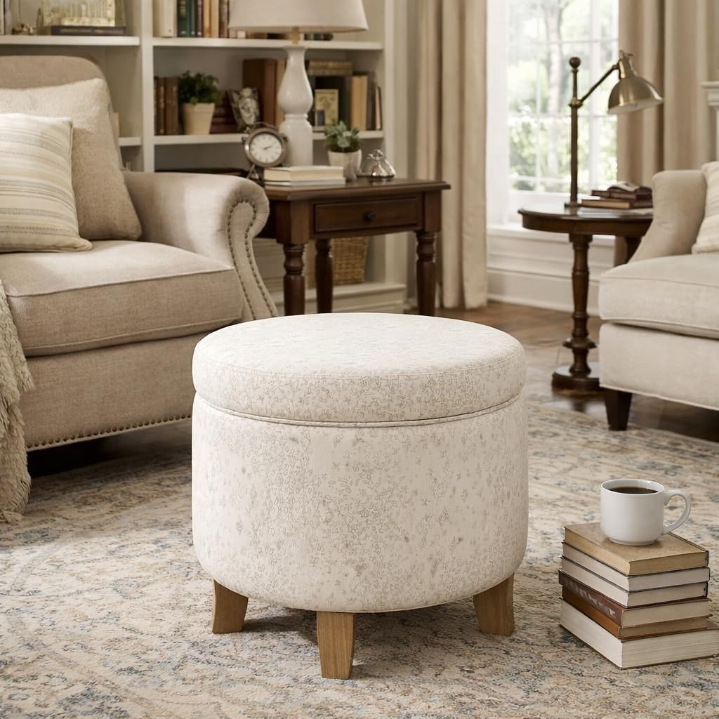 image:imageHomePop 19 Round Storage Ottoman Cream Textural WovenLinen