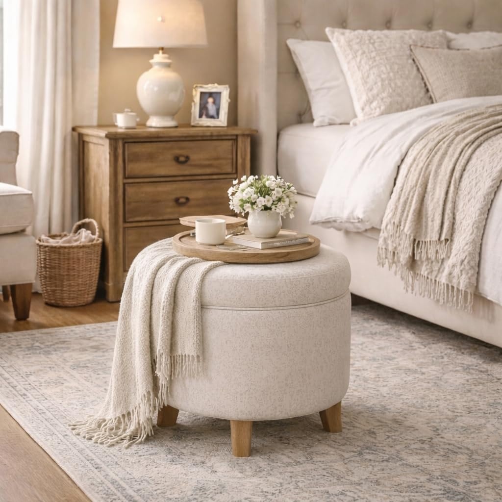 image:imageHomePop 19 Round Storage Ottoman Cream Textural WovenLinen