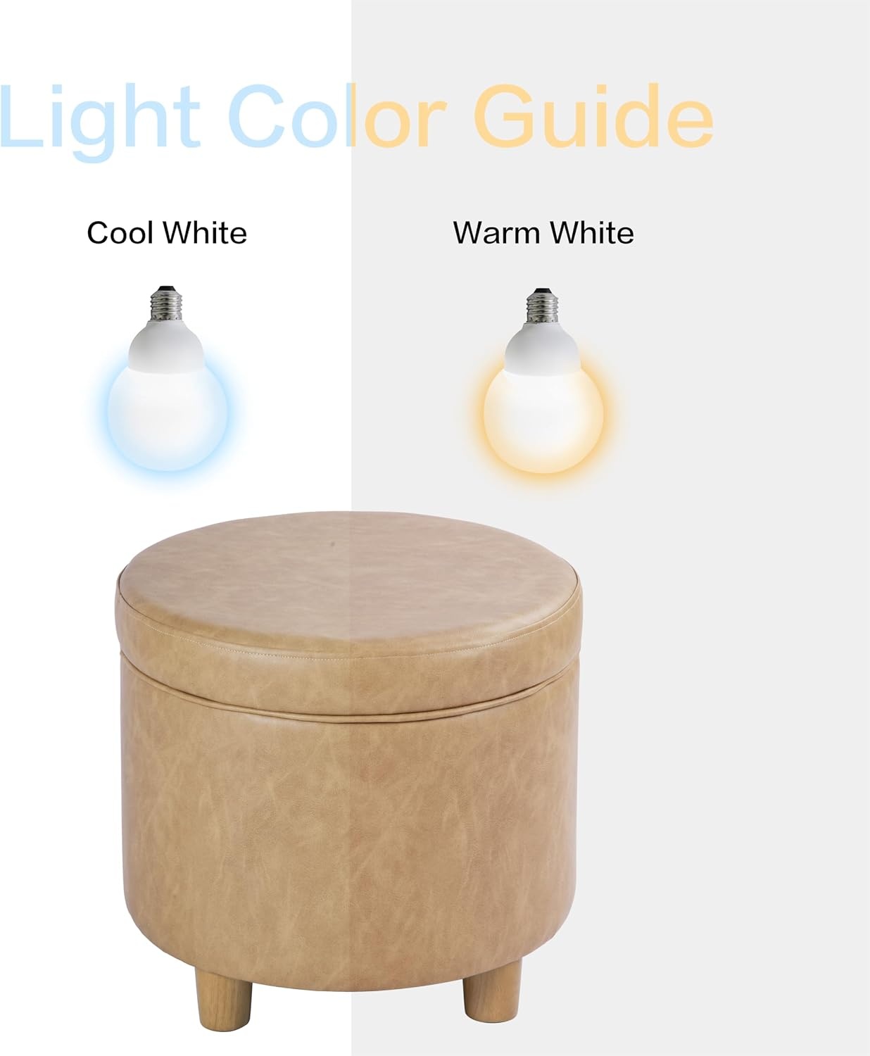 image:imageHomePop 19 Round Storage Ottoman Cream Textural WovenSand Faux Leather