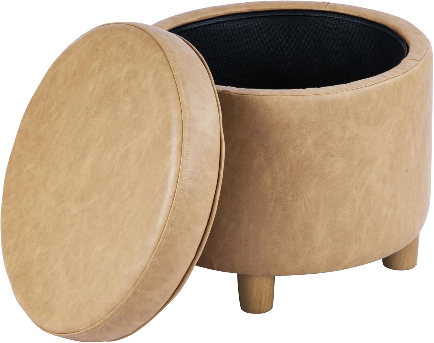 image:imageHomePop 19 Round Storage Ottoman Cream Textural WovenSand Faux Leather