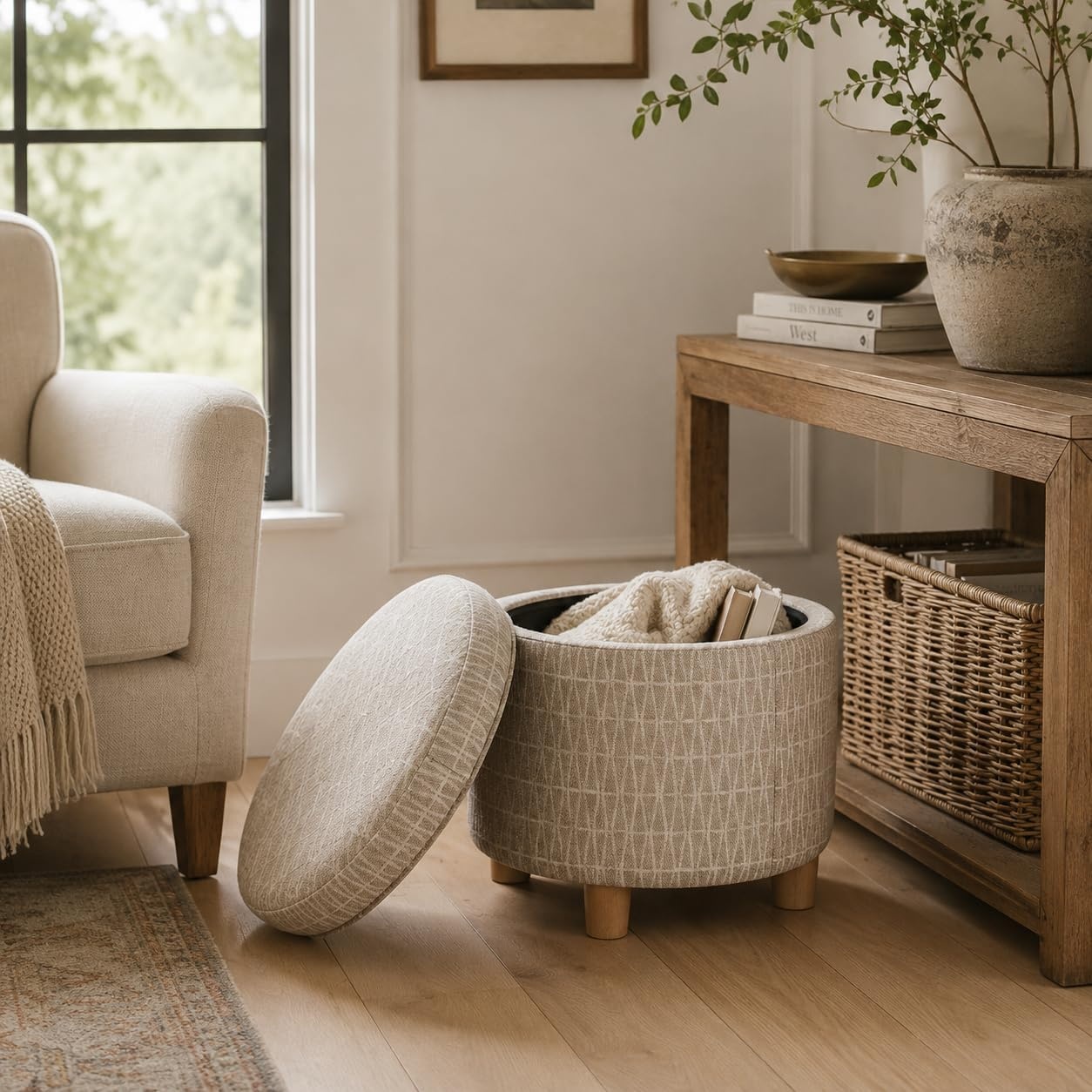 image:imageHomePop 19 Round Storage Ottoman Cream Textural WovenTan Geometric Pattern