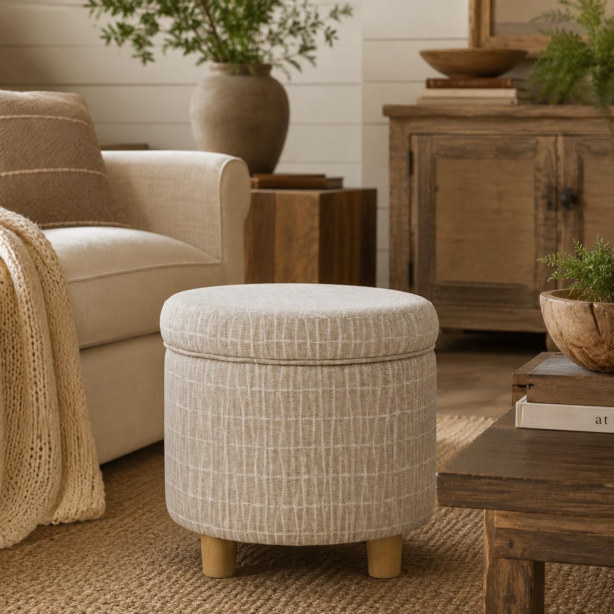image:imageHomePop 19 Round Storage Ottoman Cream Textural WovenTan Geometric Pattern