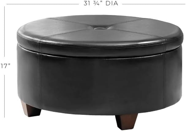 image:imageHomePop 24 Large Round Storage Ottoman Cream Textural WovenBlack Faux Leather